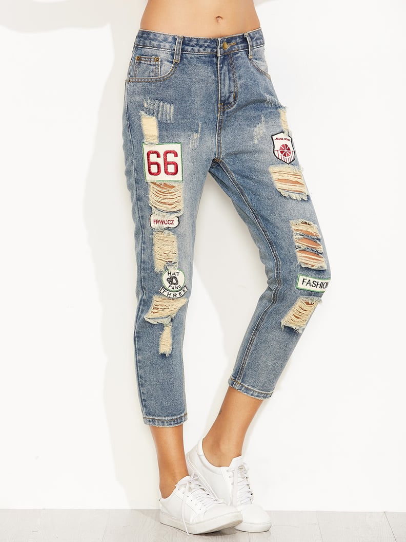 Blue Distressed Ripped Embroidered Patch Jeans by Romwe