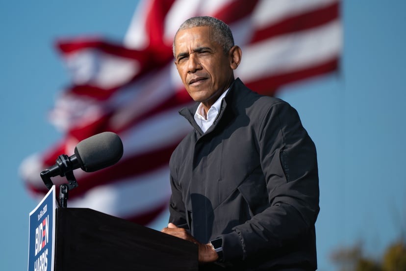 Former US President Barack Obama speaks at a Get Out the Vote rally as he campaigns for Democratic presidential candidate former Vice President Joe Biden in Atlanta, Georgia on November 2, 2020. (Photo by Elijah Nouvelage / AFP) (Photo by ELIJAH NOUVELAGE