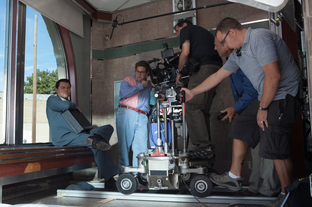 DiCaprio and Hill get ready to shoot a scene.