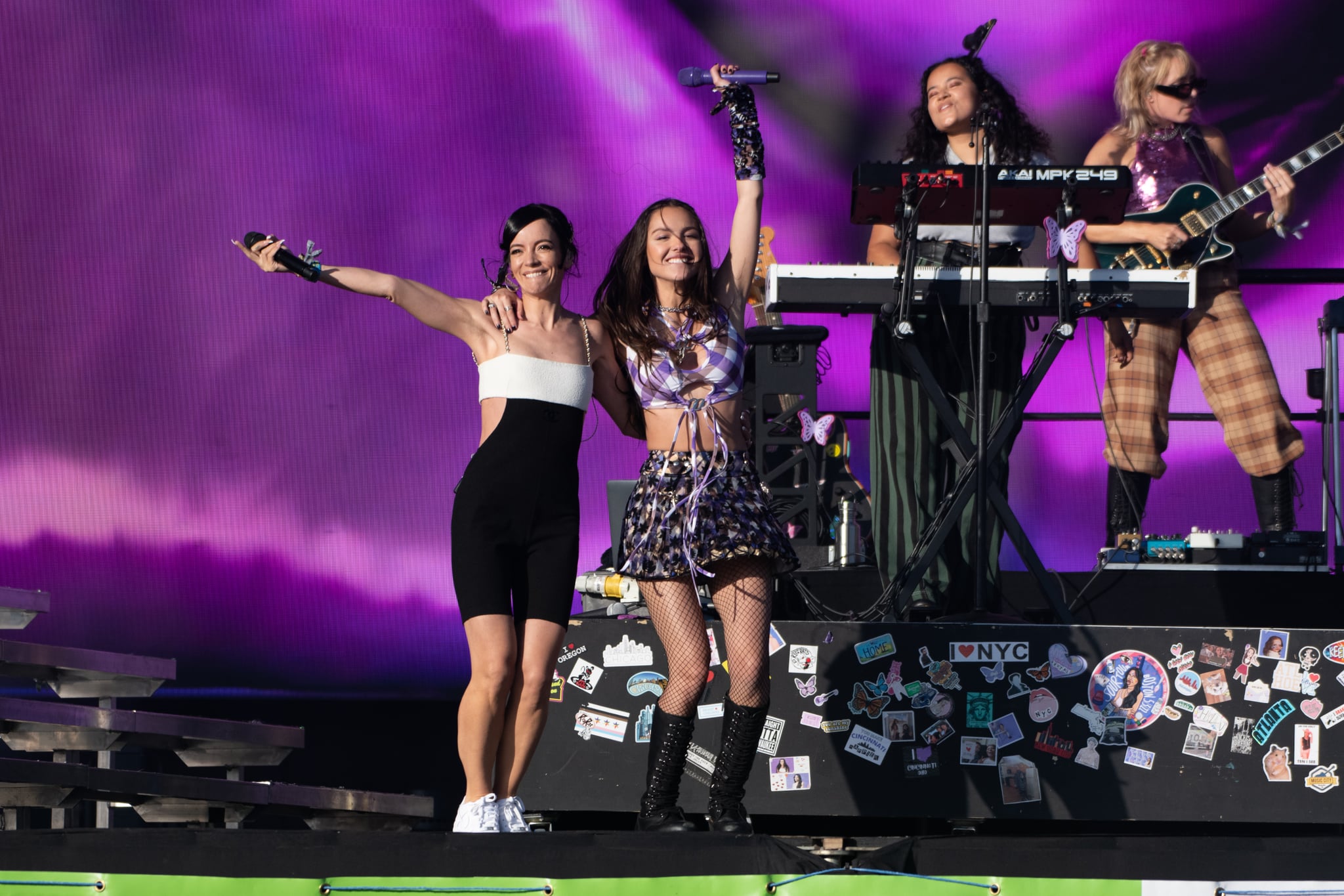 GLASTONBURY, ENGLAND - JUNE 25: (EDITORS NOTE: Image contains profanity.) Lily Allen and Olivia Rodrigo perform on the Other Stage during day four of Glastonbury Festival at Worthy Farm, Pilton on June 25, 2022 in Glastonbury, England. (Photo by Joseph Okpako/WireImage)