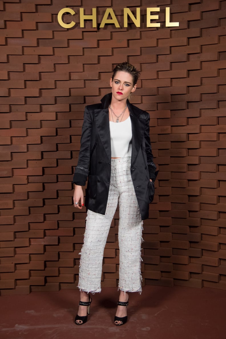 Kristen Stewart Wore a Luxe Blazer and Feathered Trousers