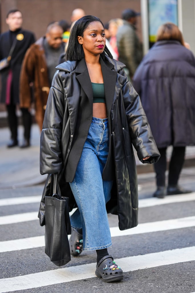 High-Waisted Cropped Jeans + Crocs + Bralette