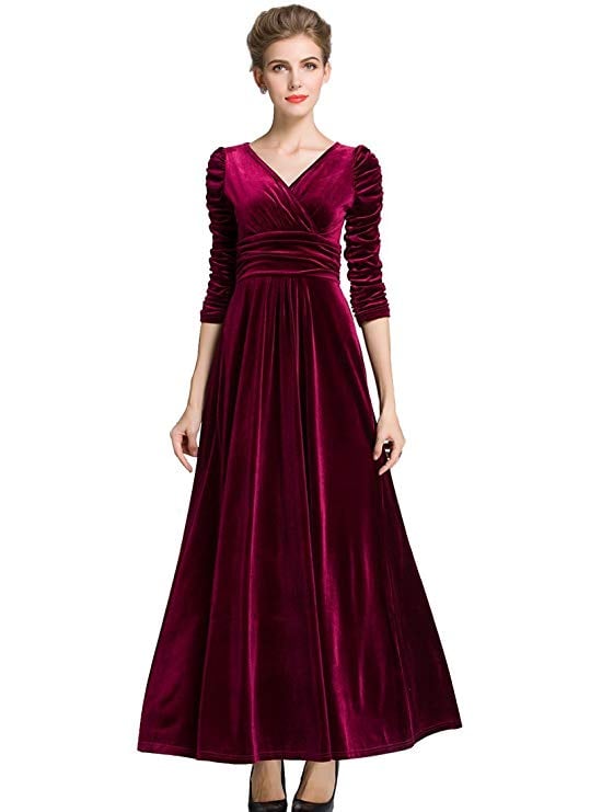 MedeShe Long Sleeve V Neck Velvet Dress 