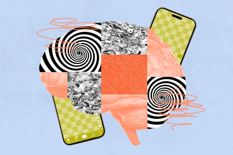 Collage representing brain rot, showing a jumbled up brain and two phone on social media. 