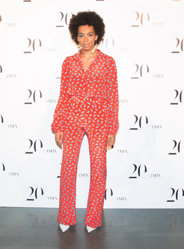 Solange Knowles wasn't afraid to show off her love for prints in a Diane von Furstenberg blouse and matching pants, completed with white pumps, at the Intermix 20th anniversary party in NYC. 
Source: Benjamin Lozovsky/BFAnyc.com