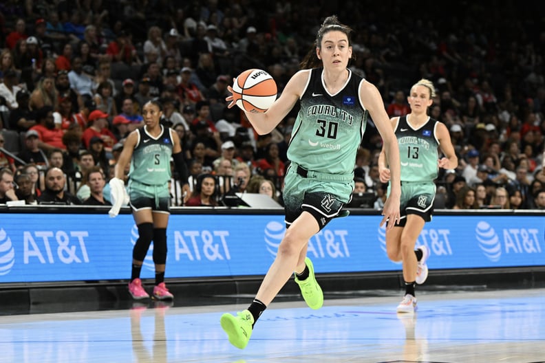 Breanna Stewart #30 of the New York Liberty dribbles the ball up the court against the Las Vegas Aces in the first half of the game at Michelob ULTRA Arena.