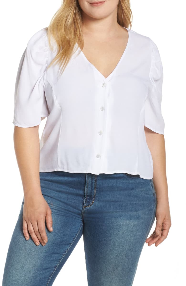 Leith Puff-Sleeve Button-Front Top