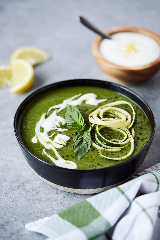 Chilled Zucchini Basil Soup With Lemon Garlic Cream