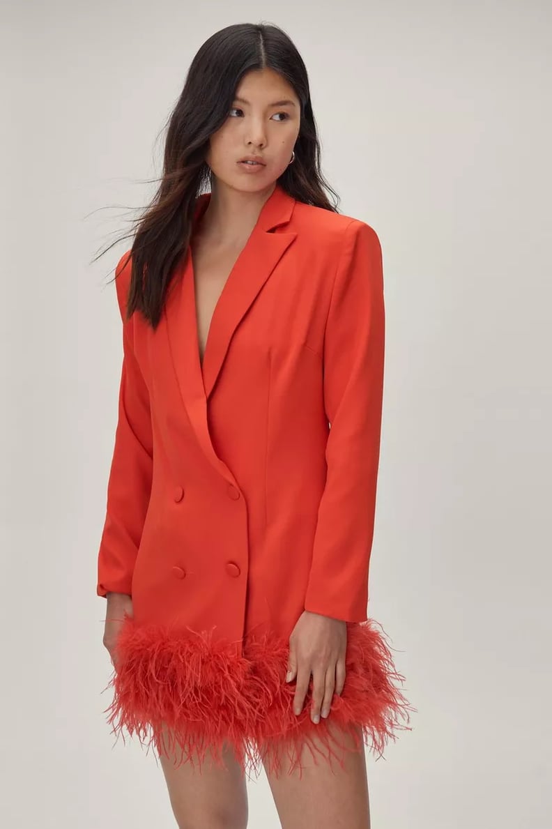 Festive Fluff: Nasty Gal Feather Hem Double Breasted Blazer Dress