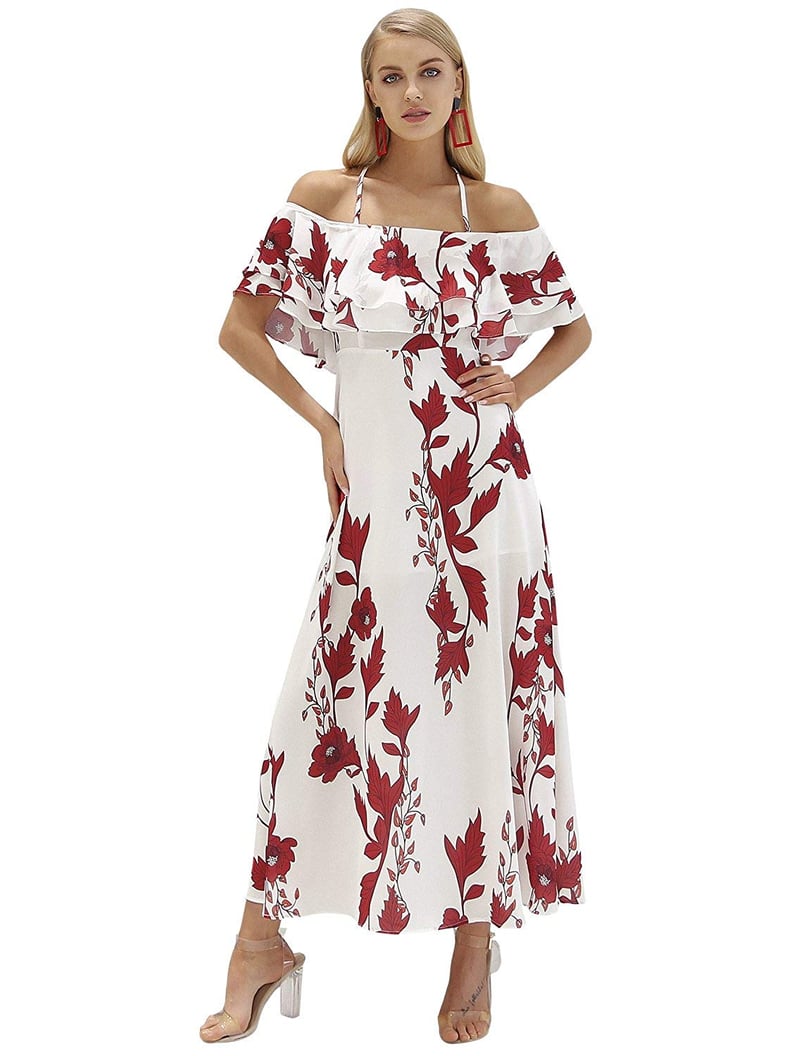Simplee Apparel Women's Lace-Up Halter Off-Shoulder Floral Print Party Dress