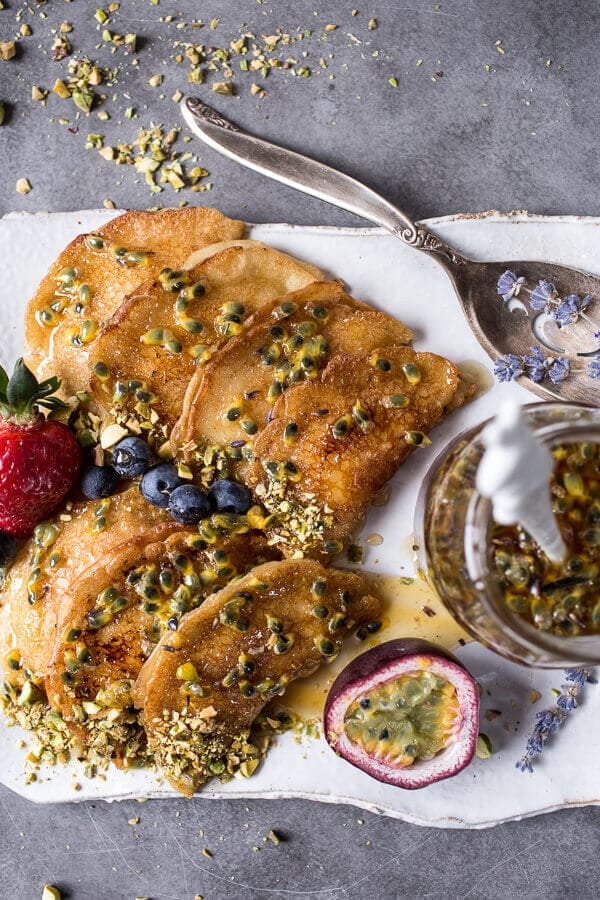 Lemon Ricotta Stuffed Syrian Pancakes With Lavender Passionfruit Syrup