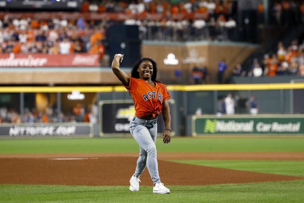 Watch Simone Biles Flip Before Throwing World Series Pitch