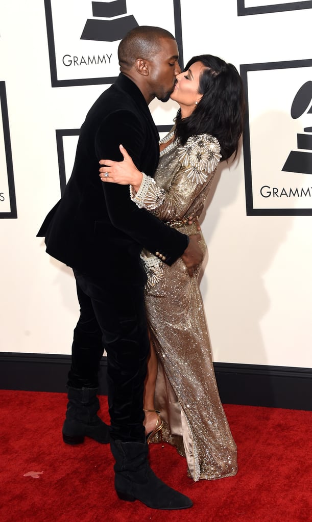 There were plenty of hot couples at the Grammys in LA on Sunday night, but Kim Kardashian and Kanye West took their love to another level. They embraced for the cameras on the red carpet with Kanye even grabbing Kim's butt while they kissed. The PDA wasn't the only thing getting Kim a little extra attention that night, since she was also showing off her new shorter haircut. The love fest continued inside the show, where Kanye took the stage to perform "Only One" and "FourFiveSeconds."