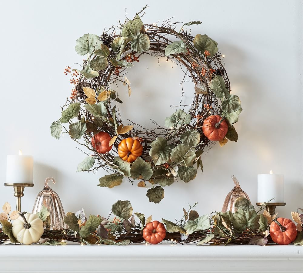 For Your Front Door or Mantel: Pottery Barn Lit Natural Pumpkin Wreath & Garland