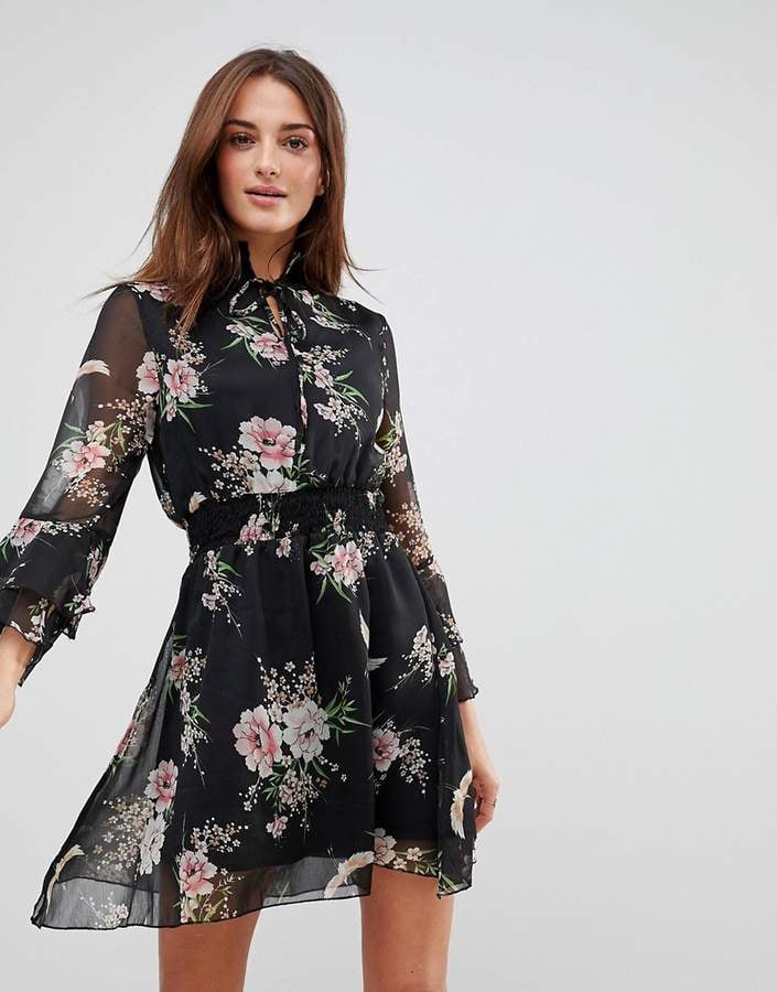 Asos Influence High Neck Floral Dress With Ruffle Sleeves And Tie