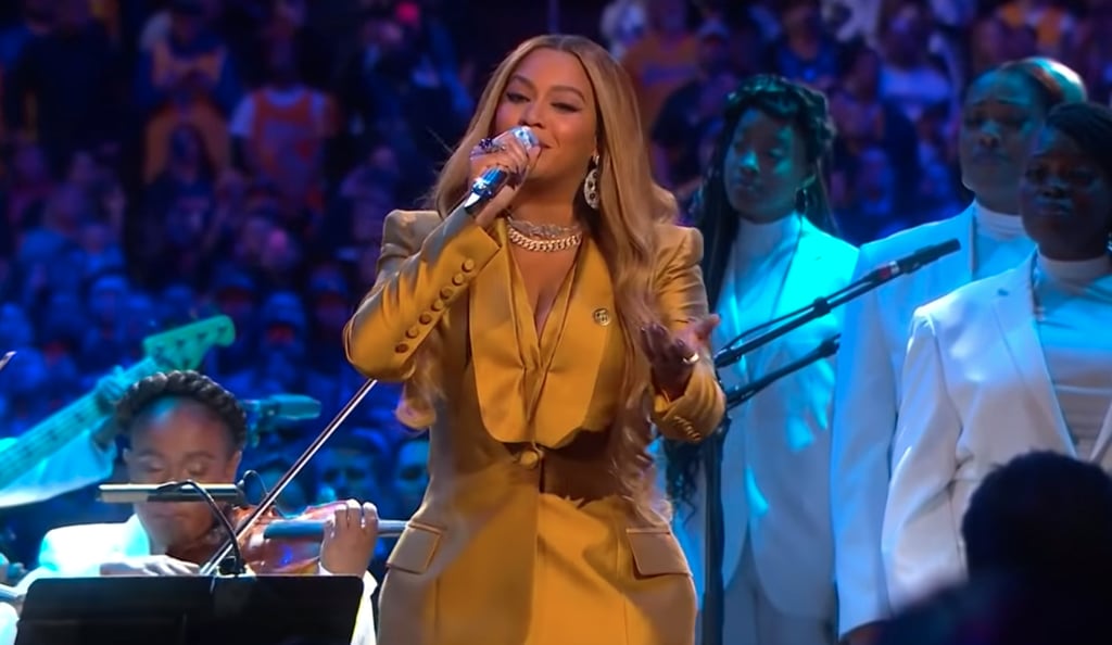 Beyoncé's Honey-Yellow Suit at the Kobe and Gigi Bryant Memorial