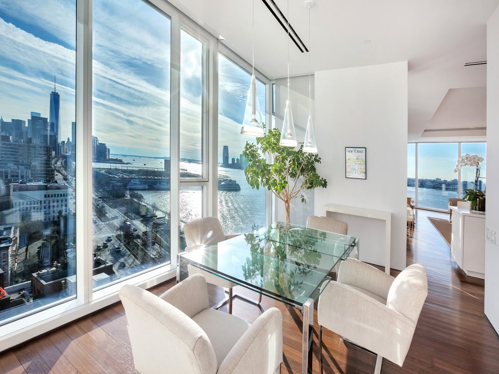 The computer-controlled, layered shading system offers privacy and protection from the harsh light.