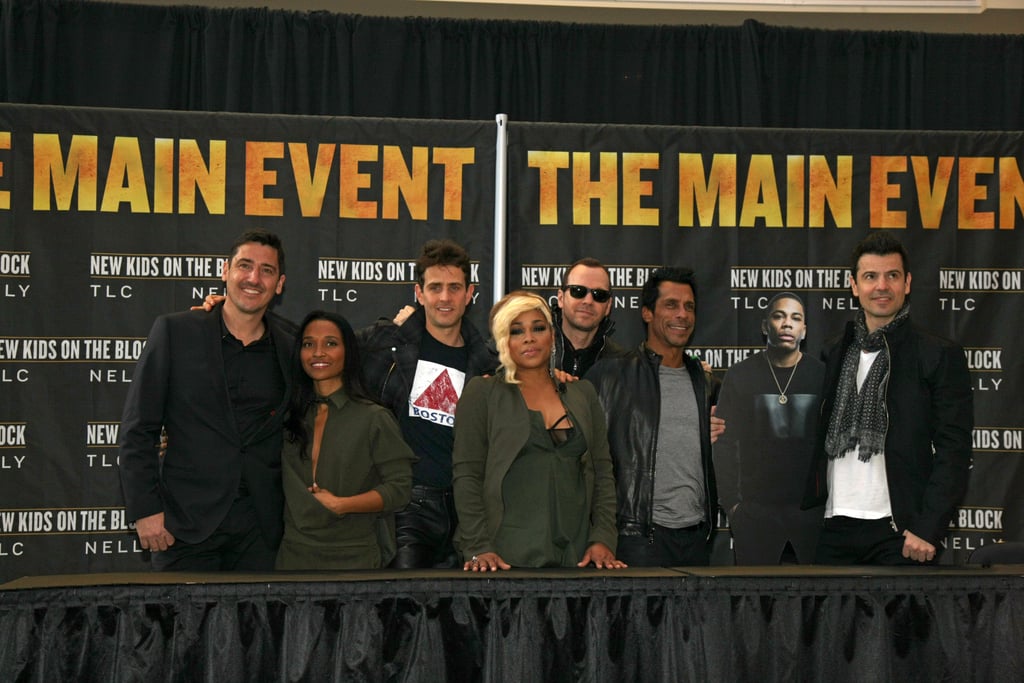 In NYC on Tuesday, TLC and New Kids on the Block posed with a cardboard cutout of Nelly at a press conference for their upcoming tour.