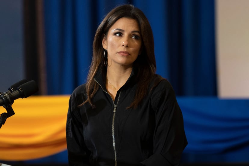Eva Longoria, actress, activist, and Co-Founder of Latino Victory, speaks before Democratic Presidential Candidate Joe Biden as they participate in a Hispanic Heritage Month event at the Osceola Heritage Park in Kissimmee, Florida on September 15, 2020. (