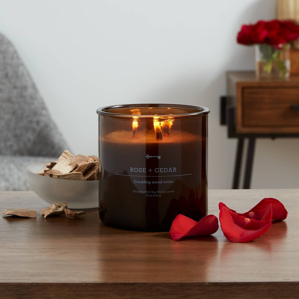 平静的蜡烛:阈值3-Wick玫瑰+雪松木制琥珀色玻璃蜡烛