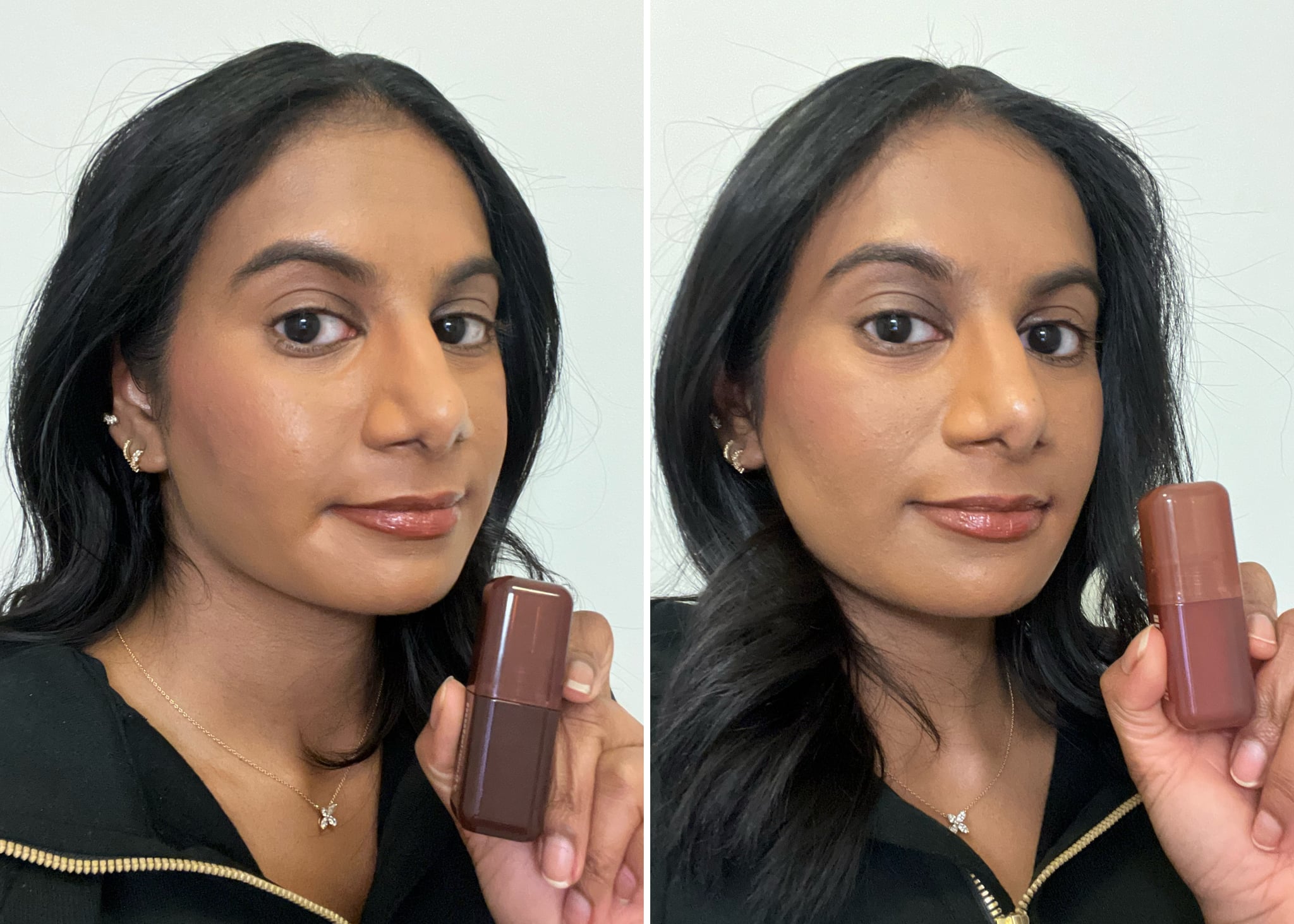 Woman trying the Icy Nude Blush Filters in Coco Loco and Latte.