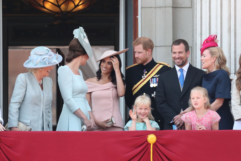 Pictured: Camilla, Duchess of Cornwall; Kate Middleton, Meghan Markle; Prince Harry; Isla Phillips; Peter Phillips; Savannah Phillips, Autumn Phillips.
