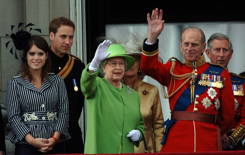 The queen and Prince Philip were joined by Princess Eugenie and Prince William on the balcony of Buckingham Palace following the Trooping the Colour ceremony in 2007.