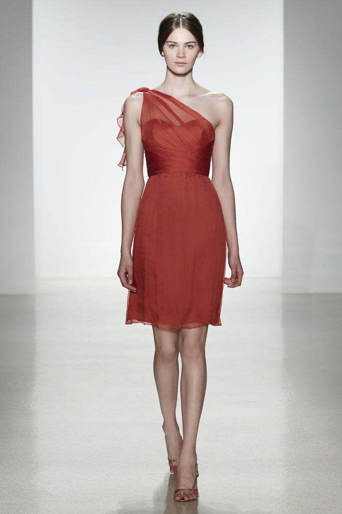 Amsale chiffon one-shoulder knee-length bridesmaid dress in spice
Photo courtesy of Amsale