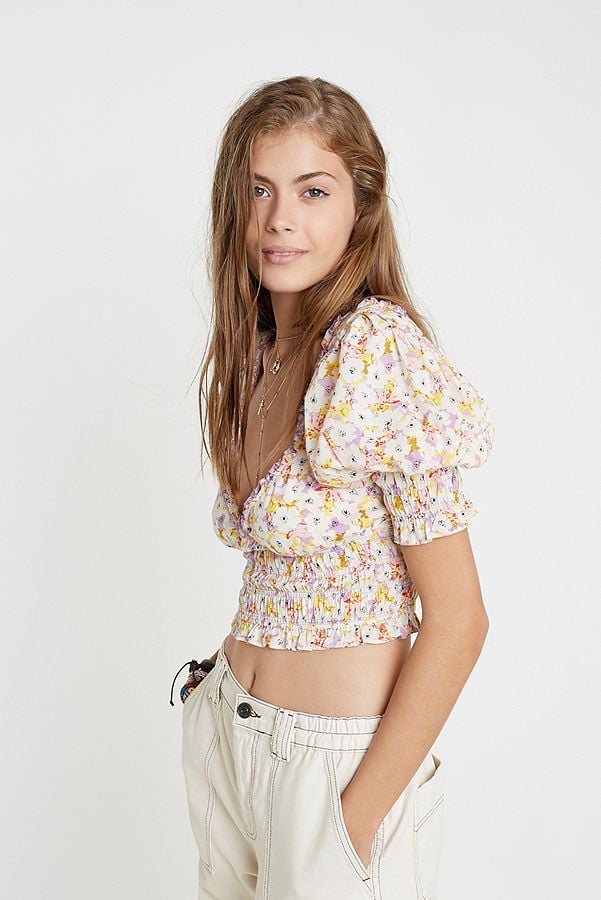 UO May Smocked Puff-Sleeve Cropped Top