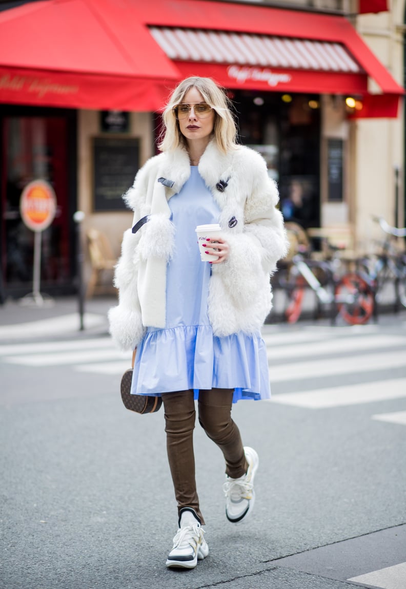Layer Your Ruffled Dress With Leather Leggings and a Fuzzy Coat