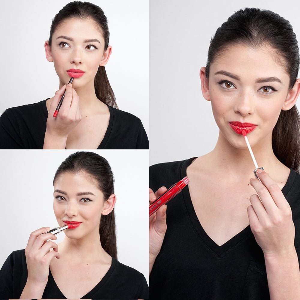 First, line your entire lips with a red lip liner. Using a formula that's rich in moisture will keep your lips hydrated. Next, apply a color-rich, long-lasting lipstick, and top it off with a lustrous lip gloss. You can dab the gloss on just the center of your bottom lip to add a touch of shine to your pout, or apply it all around for maximum impact.