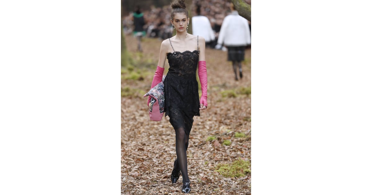 Kaia Gerber Stunned in This Lace Dress and Tights, What Chanel Runway?  Karl Lagerfeld's Models Just Trekked Through an Enchanted Forest