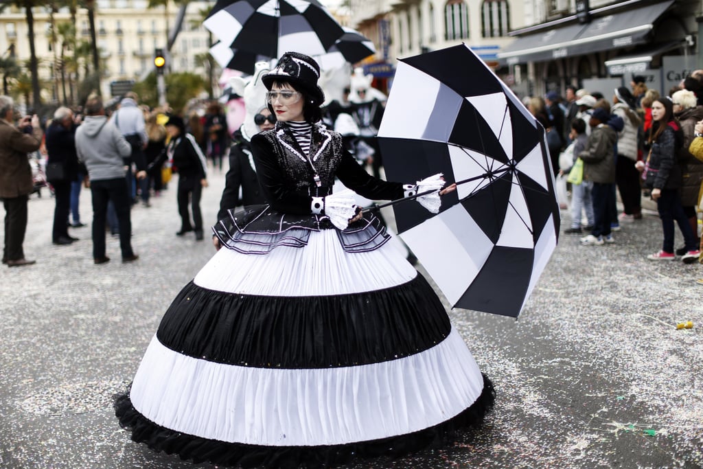 A reveler dressed up for Nice Carnival in the French Riviera.