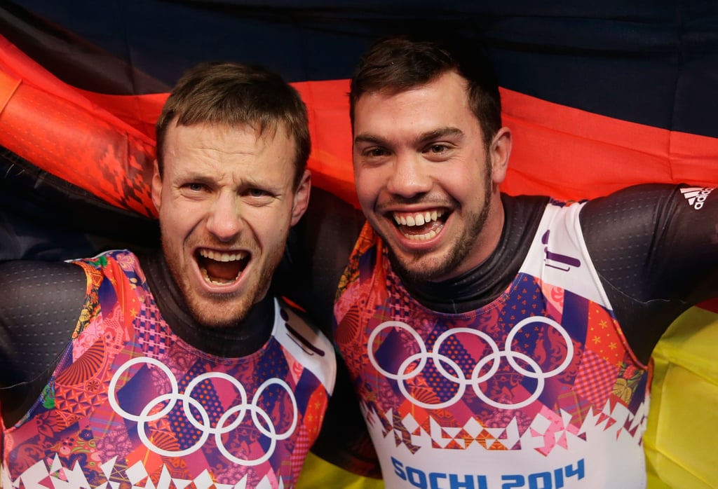 Luge teammates Tobias Wendl and Tobias Arlt of Germany celebrated after taking the gold in the men's luge doubles event.