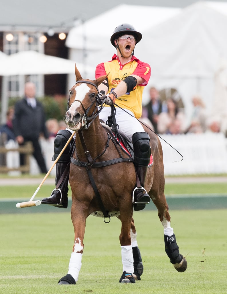 Prince William and Prince Harry appeared to have a blast at the Jerudong Park Trophy Final at the Cirencester Park Polo Club in England on Saturday. The brothers squared off during a charity polo match and got adorably animated as they horsed around on and off the field. To make matters even cuter, Harry could barely hide his excitement when he was honored with the most valuable player award after the match. The annual event raised money for various charities, including The Household Cavalry Foundation, Walking With the Wounded, and Centrepoint (of which William is a patron).
The following day, William stepped out in style with Kate Middleton at Wimbledon. The two shared a rare PDA moment in the stands as Kate removed a speck from her husband's cheek while watching Roger Federer take on Marin Cilic. While the outing certainly doesn't compare to the family's recent arrival in Poland, it has definitely earned them a spot on our list of sweetest PDA moments of 2017.