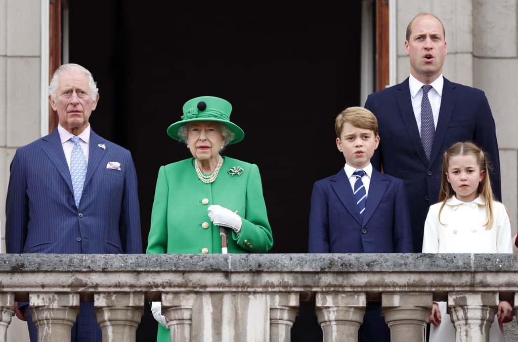 Queen Elizabeth stands with King Charles, Prince George, Prince William, and Princess Charlotte following the Platinum Pageant on June 5, 2022.