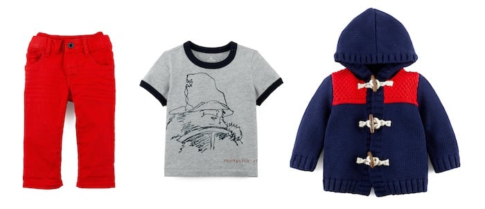 Red Jean ($25), Paddington Graphic Tee ($17), Colorblock Duffel Coat ($40)