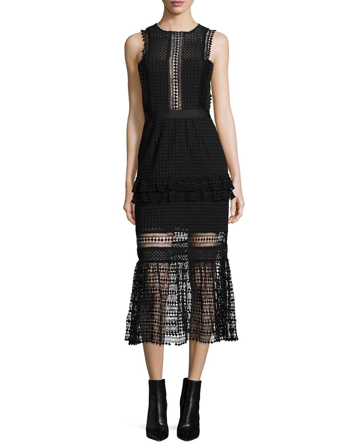Self-Portrait Sleeveless Mesh Ruffle-Trim Midi Dress ($530) | The