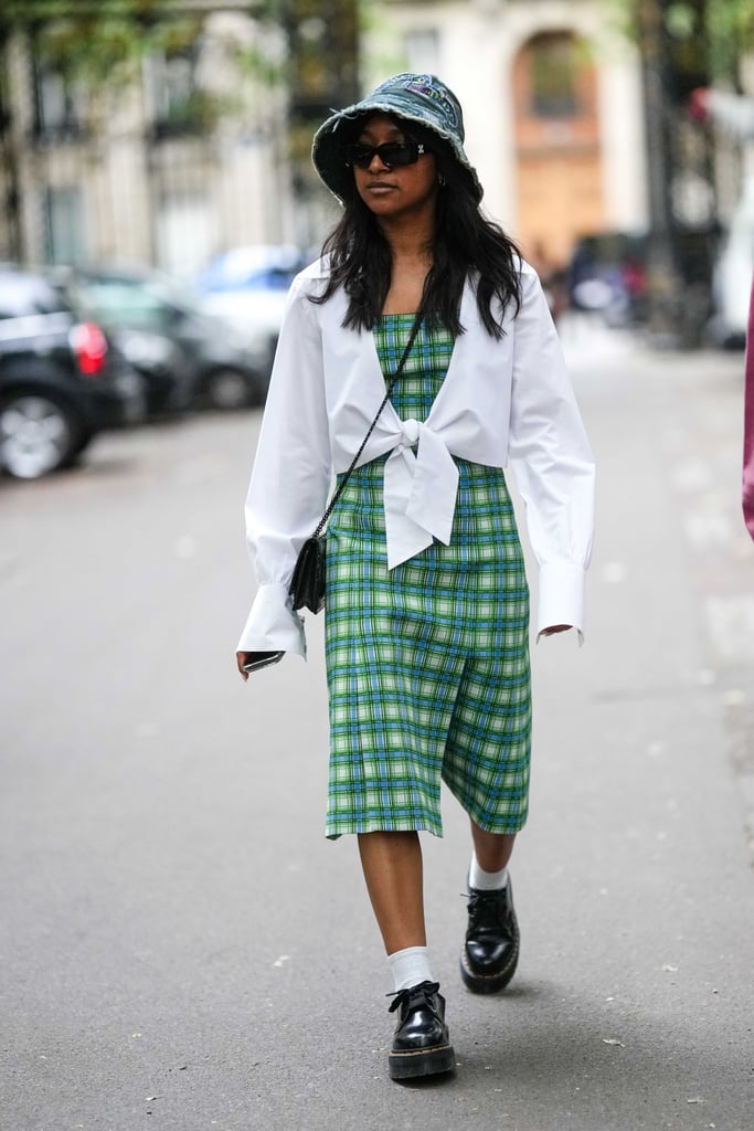 Plaid Dress, Bucket Hat, and Doc Martens Loafers