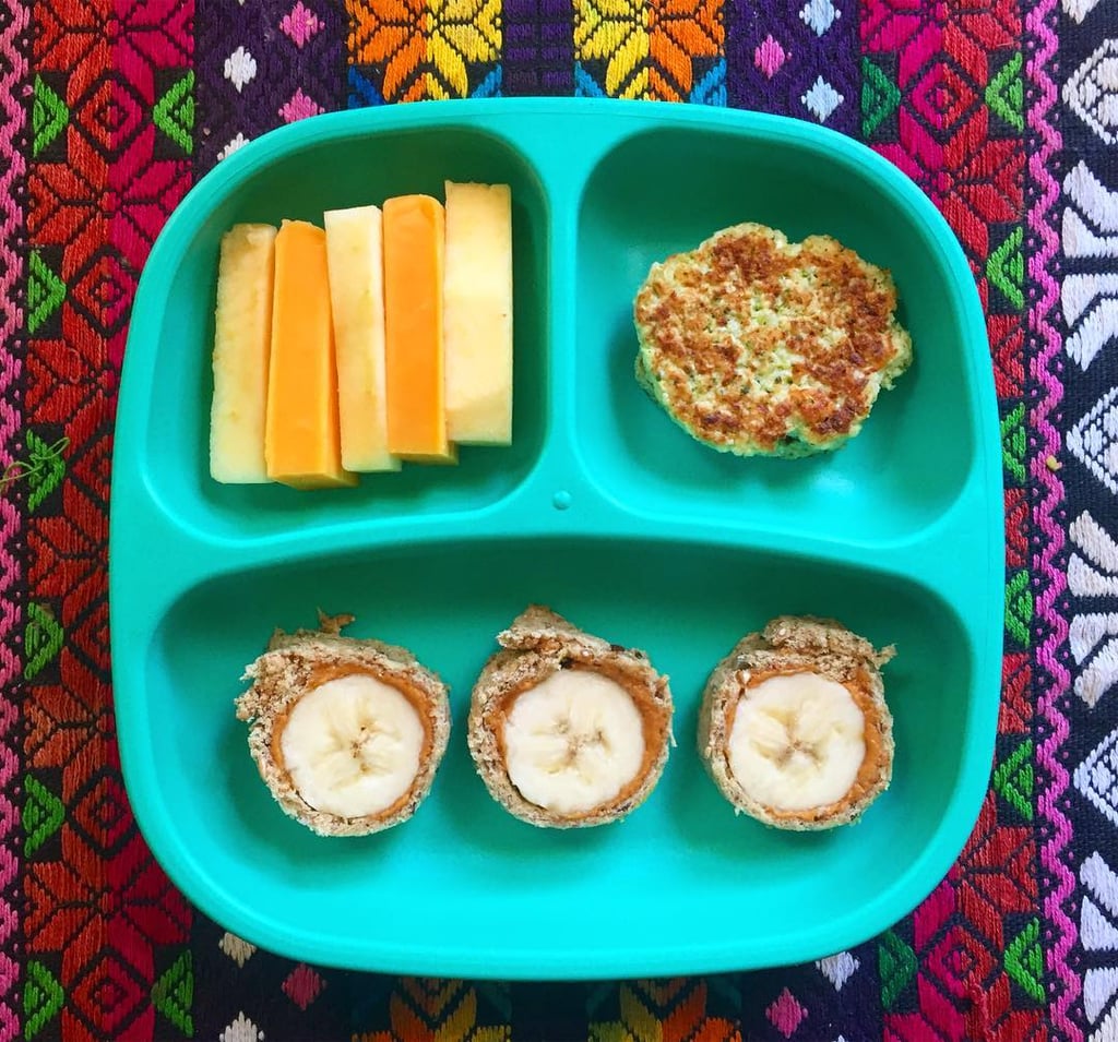 "Lunch: banana, peanut butter and 22-grain bread 'sushi' rolls, broccoli and cauliflower cheezy bites, apples, and cheddar cheese."