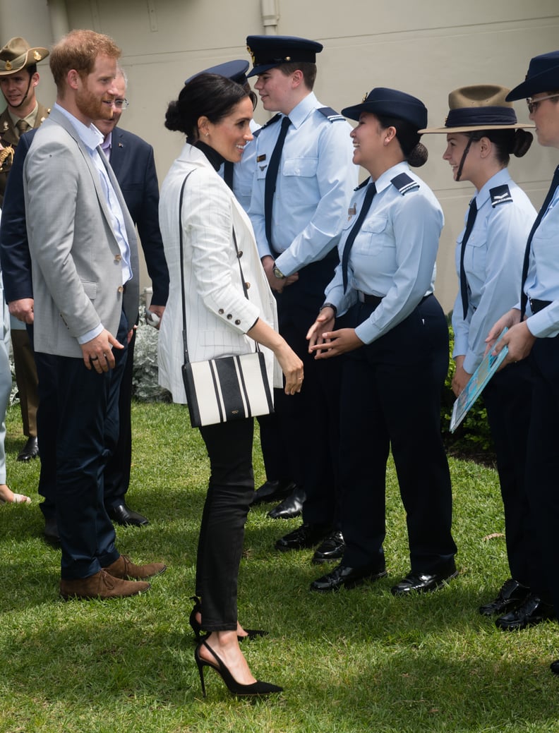 Meghan Teamed Her L’Agence Blazer With Mother Jeans, Aquazzura Heels, and an Oroton Bag For a Day of Sightseeing