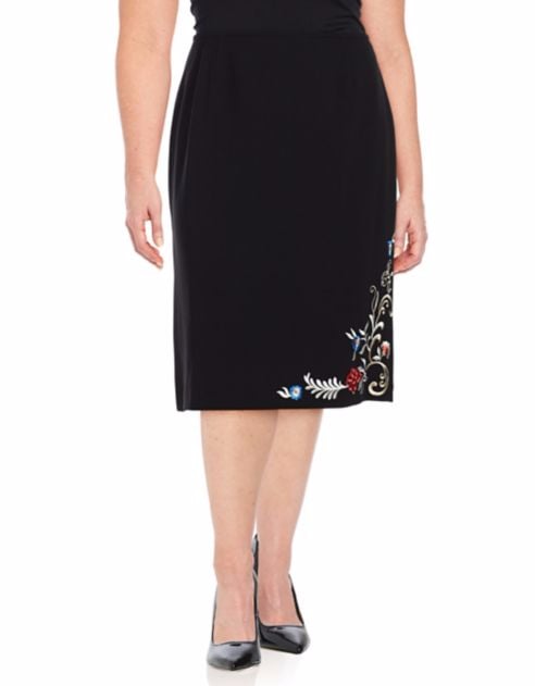 Tahari Arthur S. Levine Plus Straight Crepe Embroidered Andrew Skirt