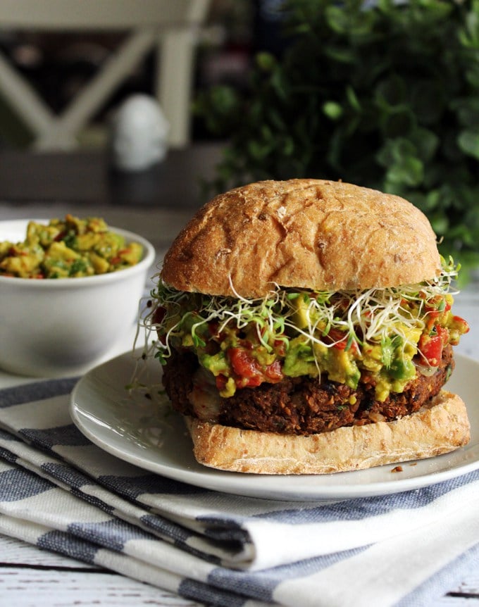 Mushroom and Lentil Burgers With Roasted Red Pepper Guacamole