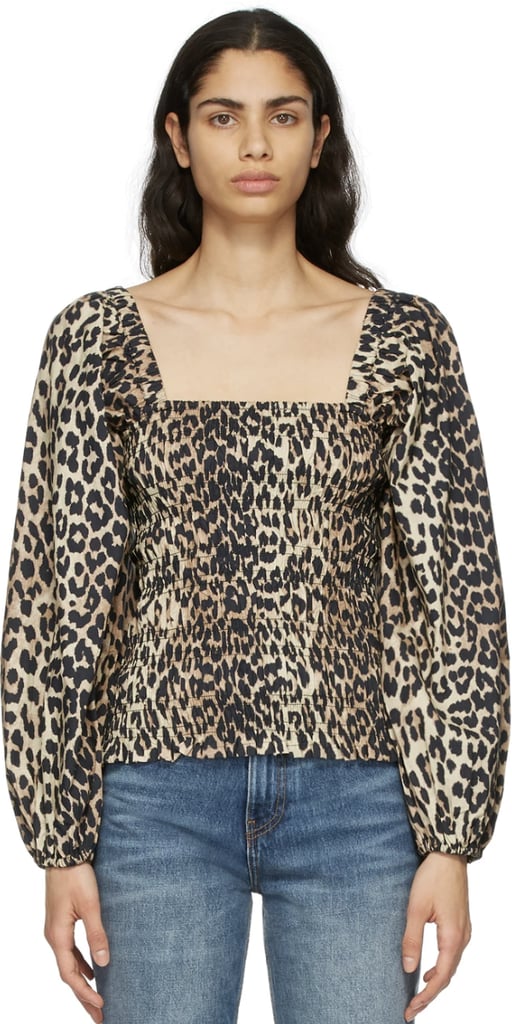 Ganni Brown Poplin Leopard Blouse