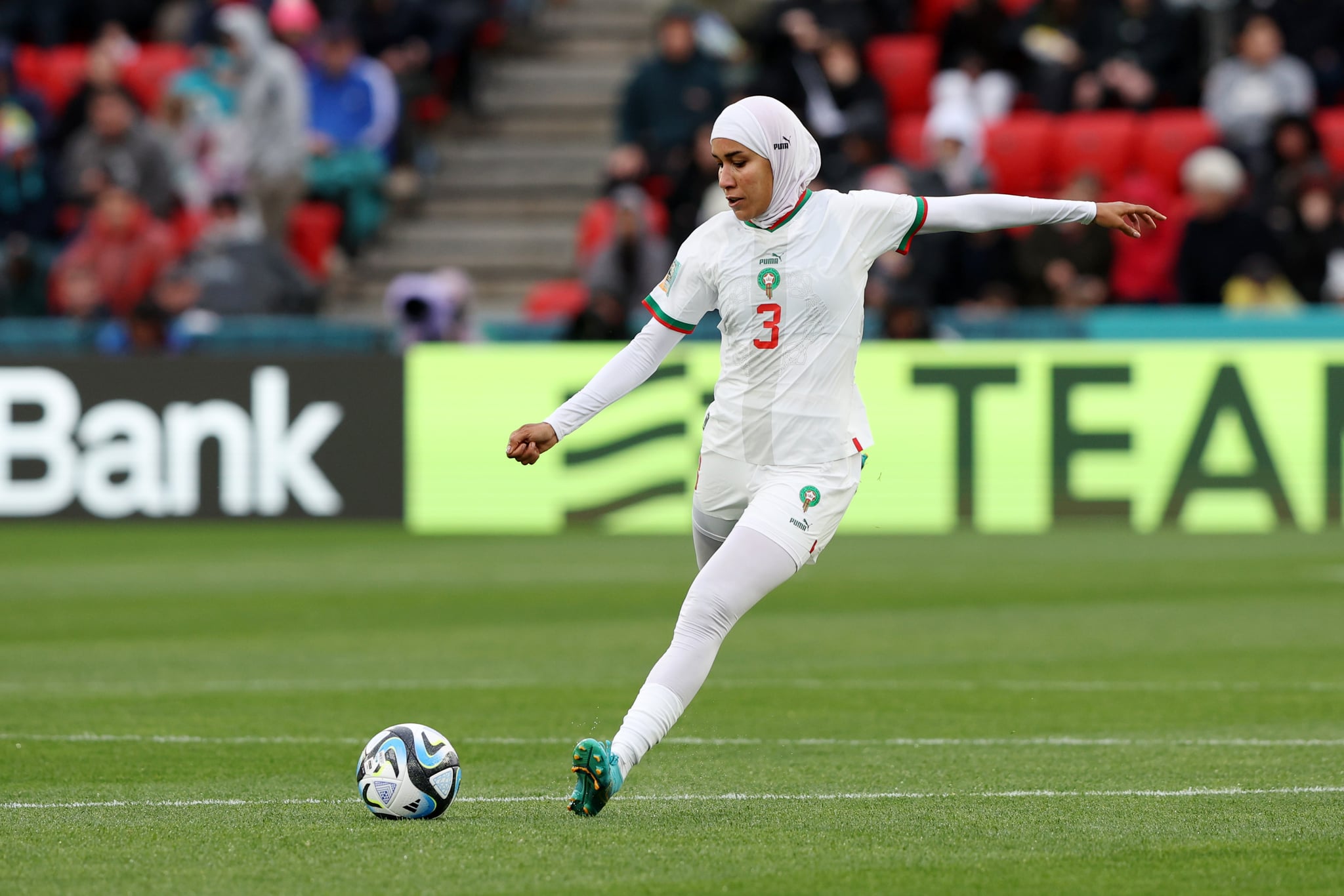 ADELAIDE, AUSTRALIA - JULY 30: Nouhaila Benzina of Morocco in action during the FIFA Women's World Cup Australia & New Zealand 2023 Group H match between Korea Republic and Morocco at Hindmarsh Stadium on July 30, 2023 in Adelaide, Australia. (Photo by Sarah Reed/Getty Images)