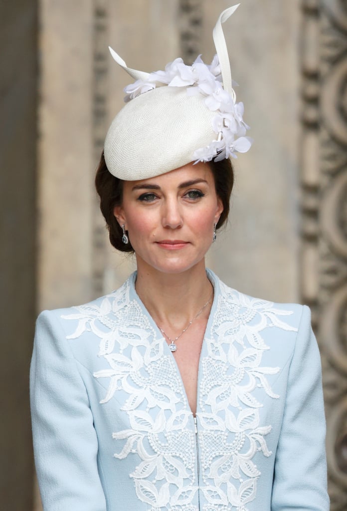 Kate's celebratory ensemble for the queen's 90th birthday festivities included a whimsical Jane Taylor hat atop her custom Catherine Walker coat.