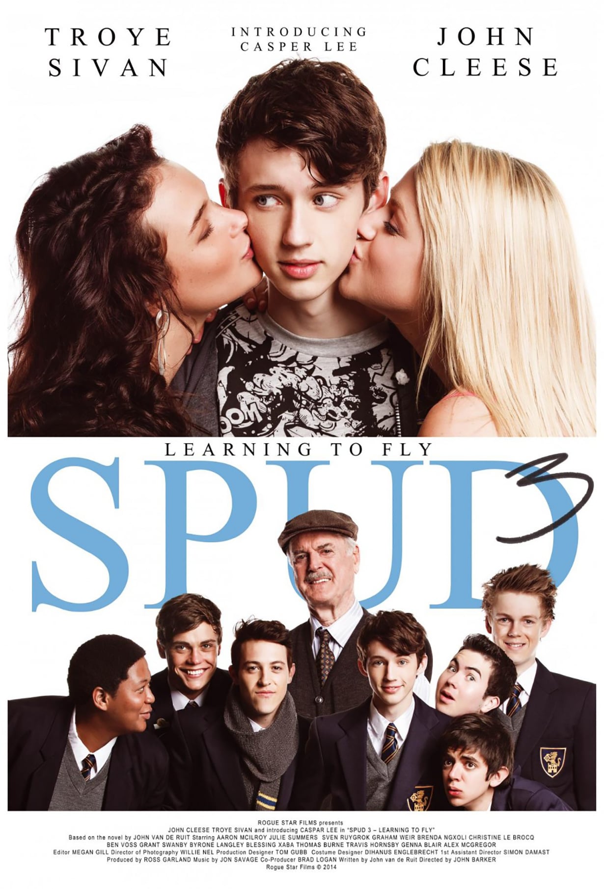SPUD 3: LEARNING TO FLY, poster art, top: from left: Sonia Asgueira, Troye Sivan, Genna Blair,   bottom, from left:  Blessing Xaba, Byron Langley, Sven Ruygrok, John Cleese, Troye Sivan, Tom Burne, Travis Hornsby, Caspar Lee, 2014. Nu Metro Films/Courtesy Everett Collection