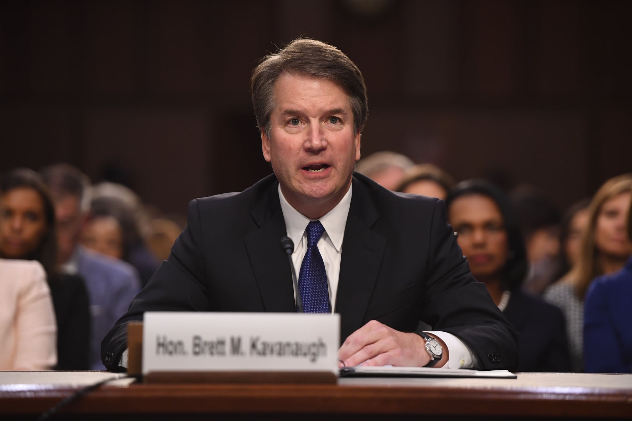 Judge Brett Kavanaugh speaks during his US Senate Judiciary Committee confirmation hearing to be an Associate Justice on the US Supreme Court, on Capitol Hill in Washington, DC, September 4, 2018. - President Donald Trump's newest Supreme Court nominee Brett Kavanaugh is expected to face punishing questioning from Democrats this week over his endorsement of presidential immunity and his opposition to abortion. (Photo by SAUL LOEB / AFP)        (Photo credit should read SAUL LOEB/AFP/Getty Images)