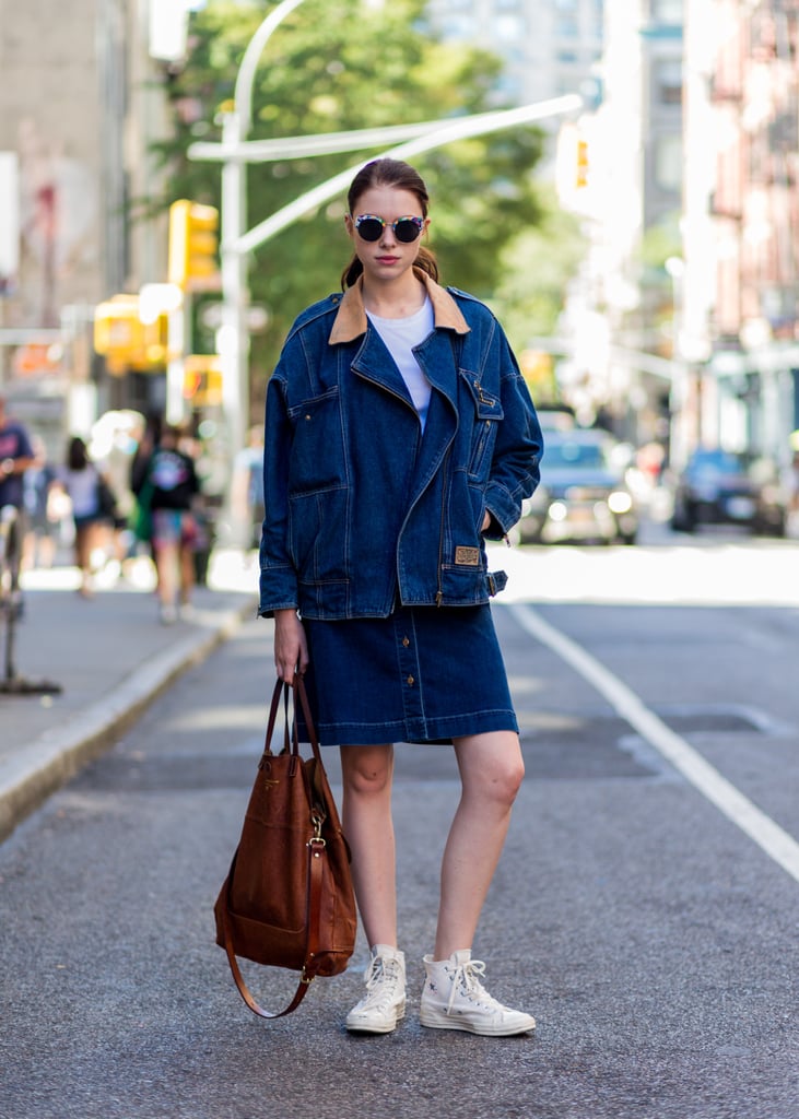 There's no end to the cool-girl appeal of a denim-on-denim outfit that's complete with classic high-top Converse.
