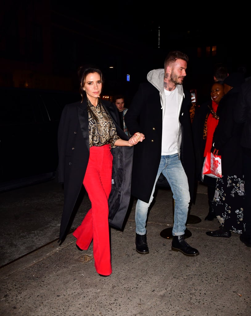 Victoria Beckham Red Pants and Snakeskin Blouse January 2019